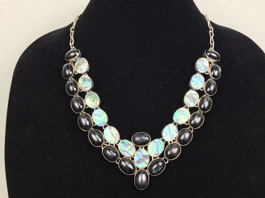 Sterling Silver Abalone And Black Onyx Statement Necklace And Earrings 154g [Photo 1]
