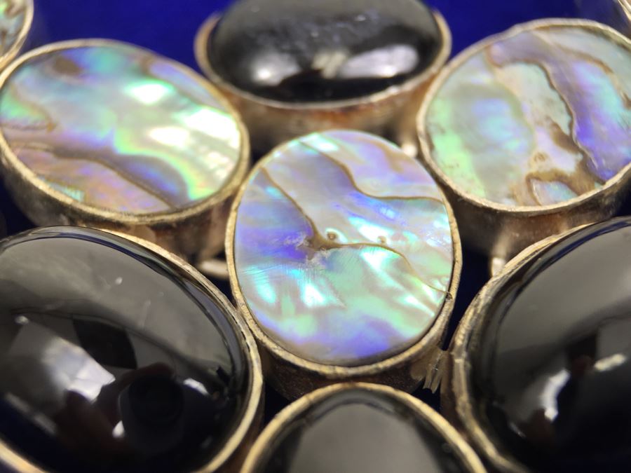 Sterling Silver Abalone And Black Onyx Statement Necklace And Earrings 154g [Photo 9]