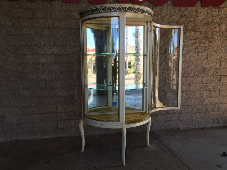 Nice Vintage Curio Display Cabinet With Curved Glass And Mirror Back