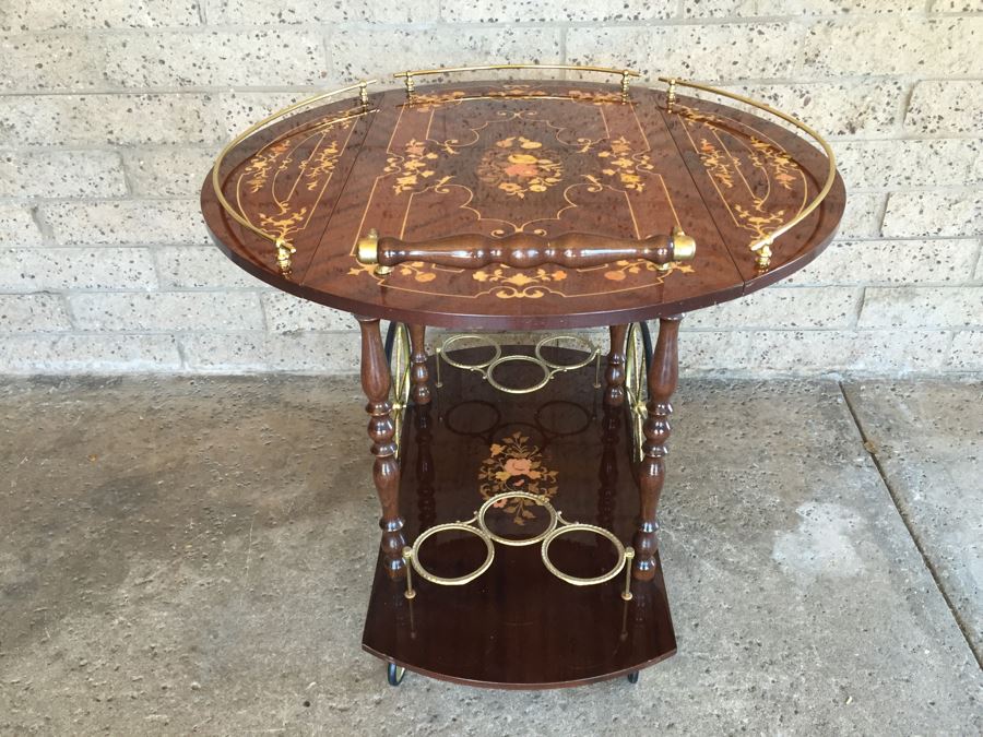 Vintage Italian Inlaid Marquetry Wood Serving Bar Tea Cart Drop Leaf Gorgeous [Photo 18]