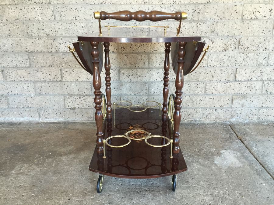Vintage Italian Inlaid Marquetry Wood Serving Bar Tea Cart Drop Leaf Gorgeous [Photo 15]