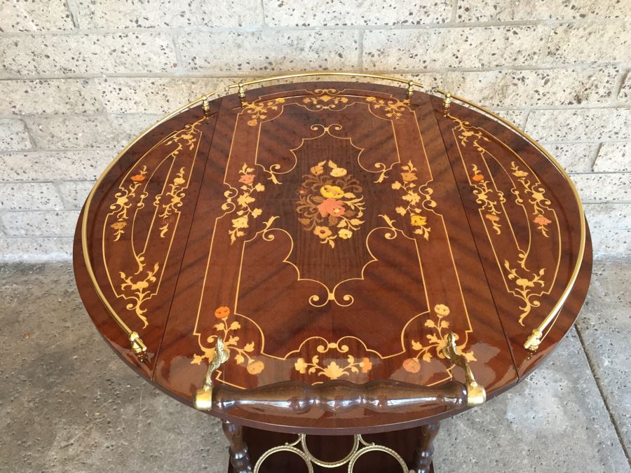 Vintage Italian Inlaid Marquetry Wood Serving Bar Tea Cart Drop Leaf Gorgeous [Photo 17]