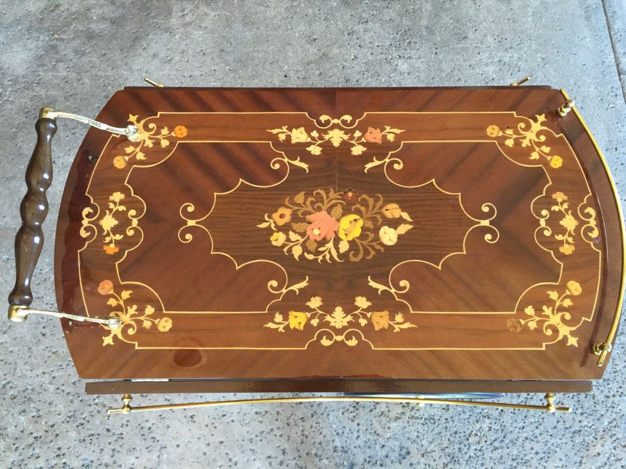 Vintage Italian Inlaid Marquetry Wood Serving Bar Tea Cart Drop Leaf Gorgeous [Photo 5]