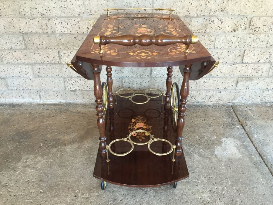 Vintage Italian Inlaid Marquetry Wood Serving Bar Tea Cart Drop Leaf Gorgeous [Photo 14]