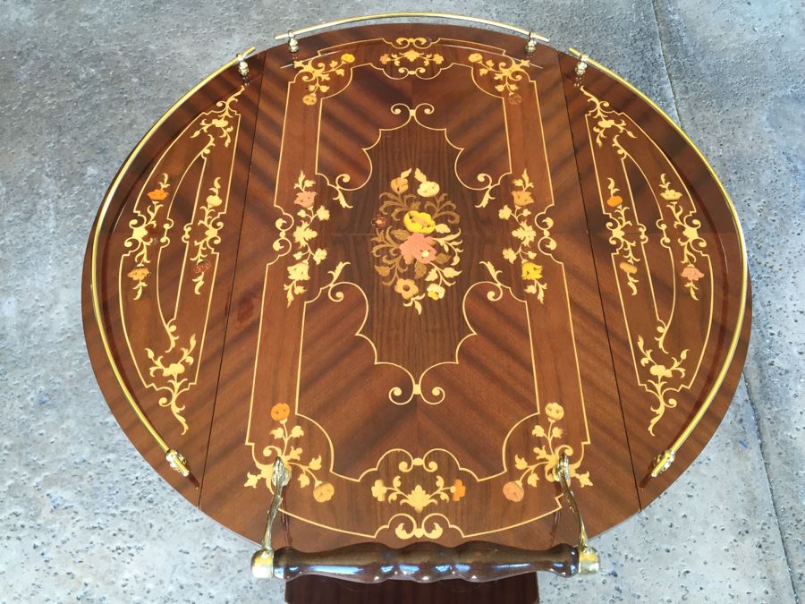 Vintage Italian Inlaid Marquetry Wood Serving Bar Tea Cart Drop Leaf Gorgeous [Photo 19]