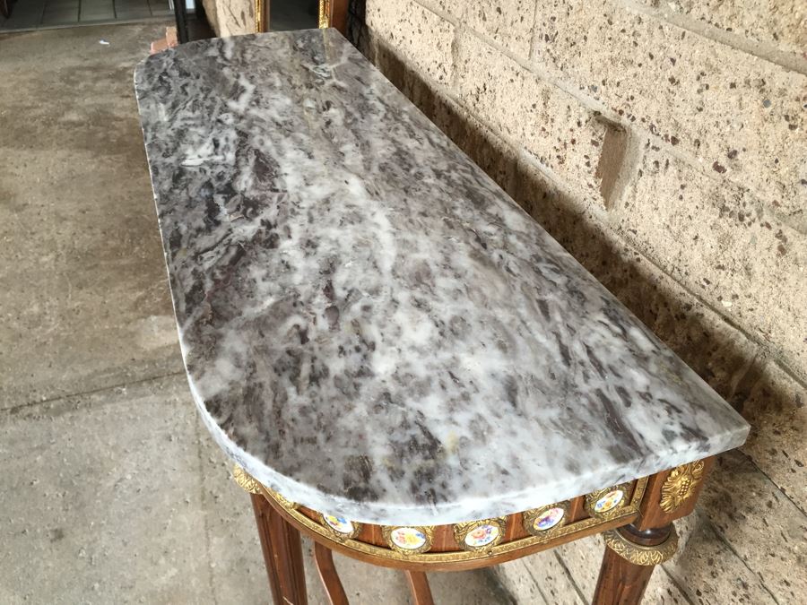 Stunning Hallway Table With Matching Mirror Gilt Decorated With Porcelain Painted Floral Motifs Made In Spain [Photo 16]