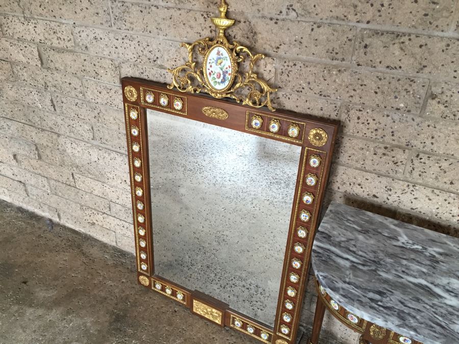Stunning Hallway Table With Matching Mirror Gilt Decorated With Porcelain Painted Floral Motifs Made In Spain [Photo 26]