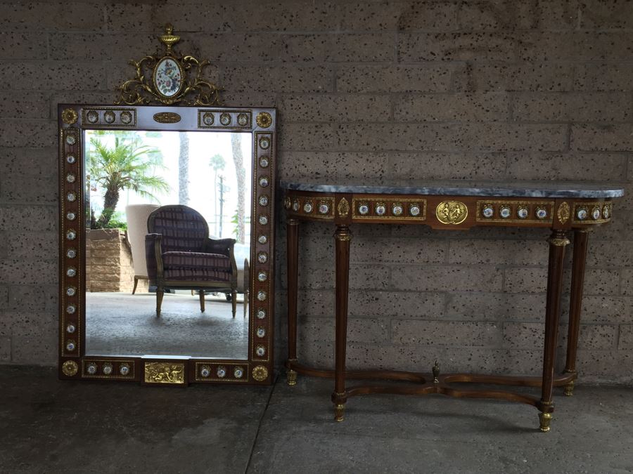 Stunning Hallway Table With Matching Mirror Gilt Decorated With Porcelain Painted Floral Motifs Made In Spain