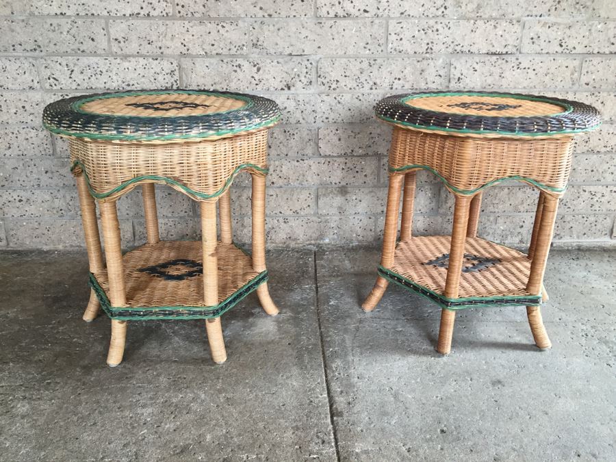 Pair Of Round Wicker Side Tables [Photo 1]
