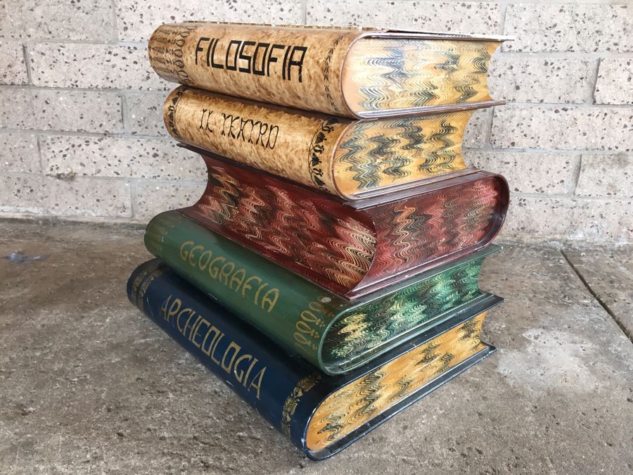 Painted Metal Storage Bin Hamper In Shape Of Stacked Books [Photo 2]