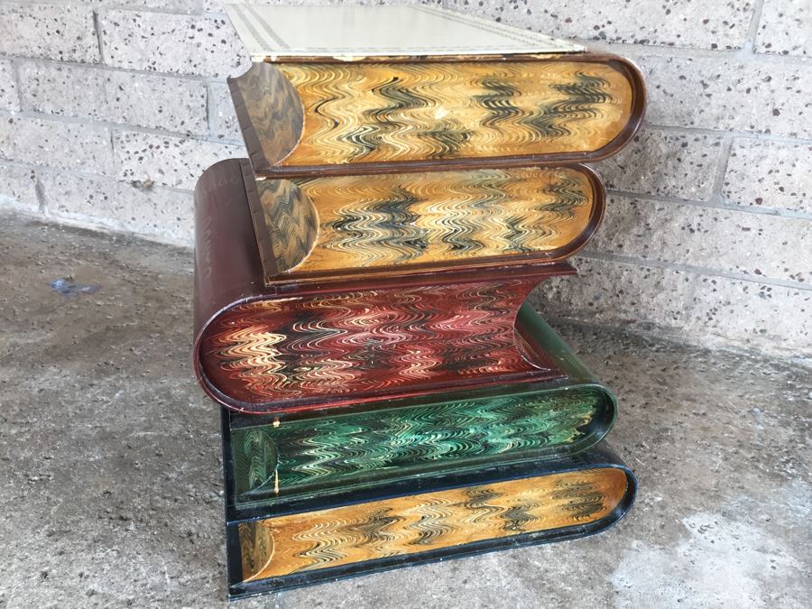 Painted Metal Storage Bin Hamper In Shape Of Stacked Books [Photo 4]