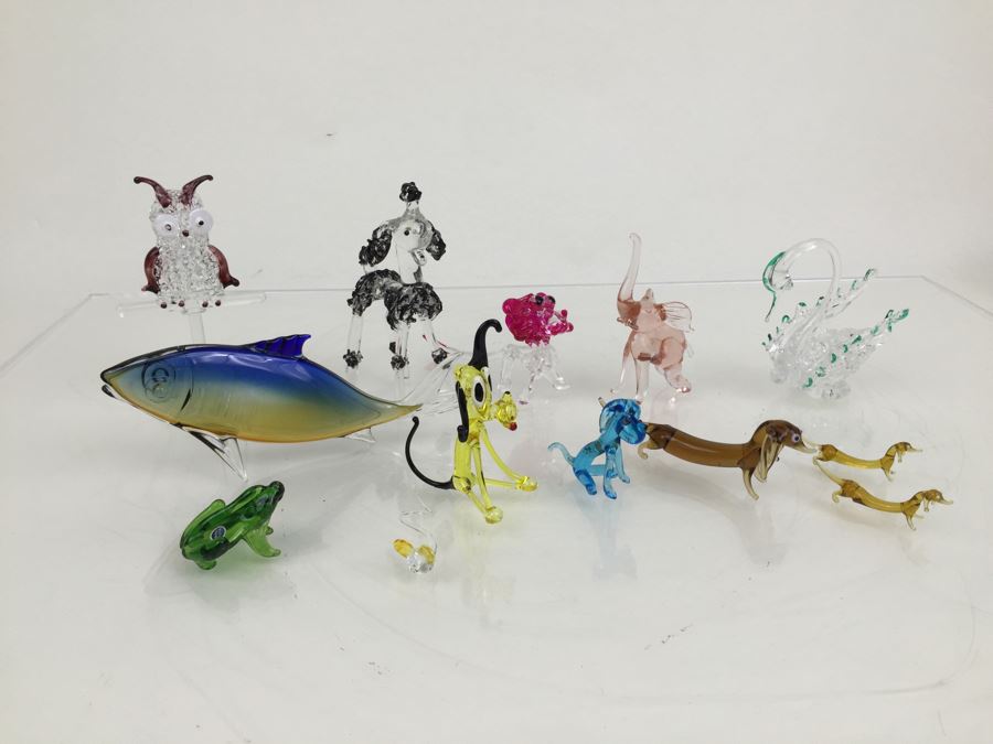 Large Lot Of Colored Glass Animal Figurines