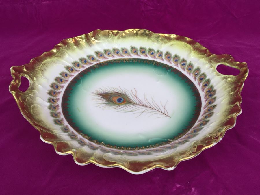Vintage Exquisite C.T. Carl Tielsch Germany Hand Painted Bowl Dish With Peacock Feathers Motif