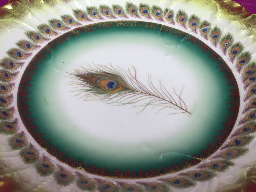 Vintage Exquisite C.T. Carl Tielsch Germany Hand Painted Bowl Dish With Peacock Feathers Motif [Photo 2]