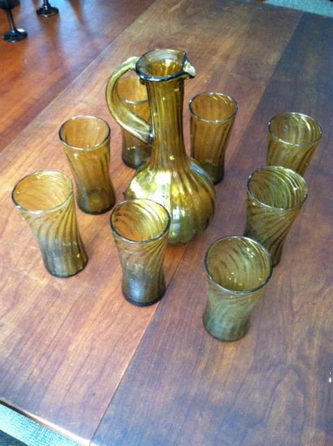 Handblown Yellow Serving Pitcher with Ice Pocket and 8 Glasses [Photo 1]