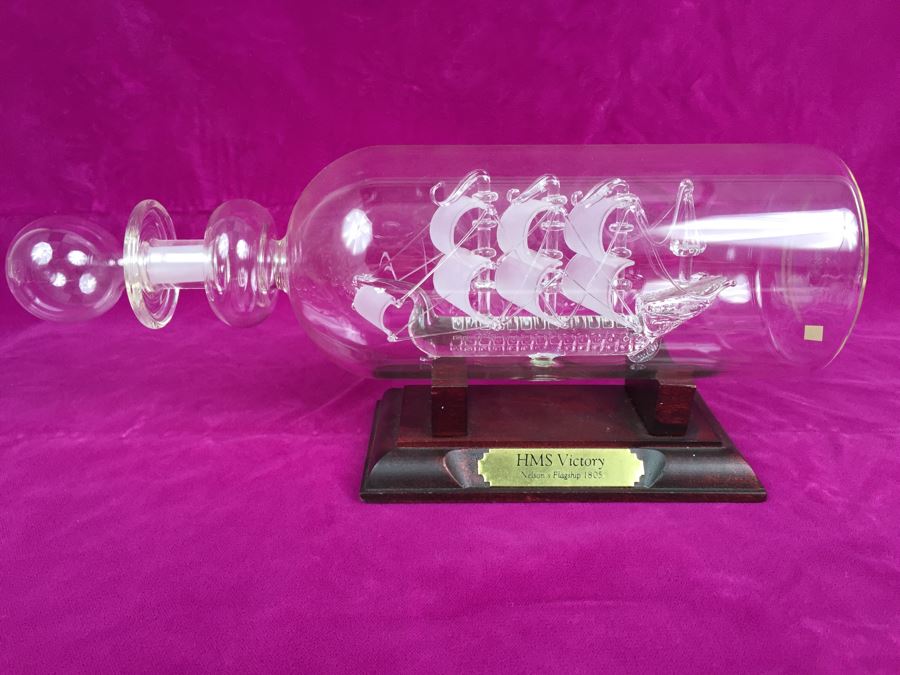 Mayflower Glass Ship In A Bottle With Stand HMS Victory Nelson's Flagship 1805 [Photo 6]