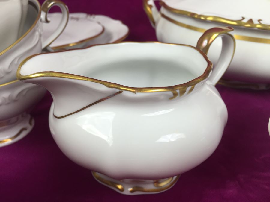 Elegant Gold Rim And White China Set Bavaria Western Germany 48 (HUGE