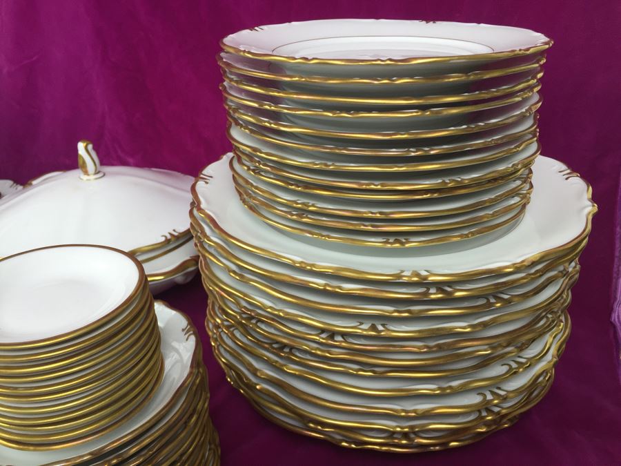 Elegant Gold Rim And White China Set Bavaria Western Germany 48 (HUGE