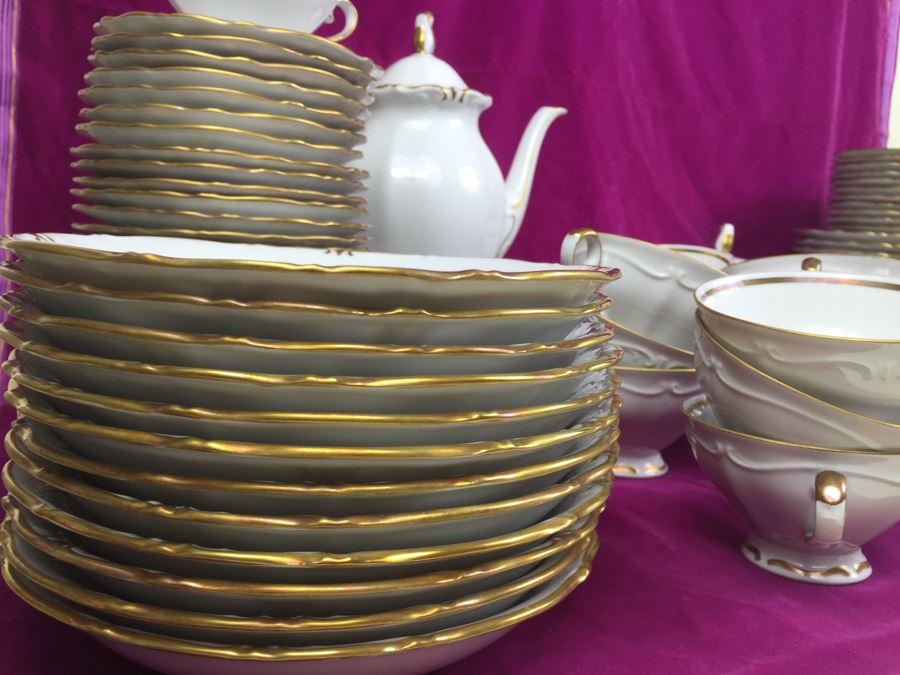 Elegant Gold Rim And White China Set Bavaria Western Germany 48 (HUGE