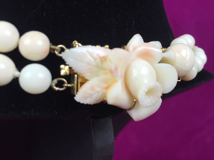Exquisite Angel Skin Coral Bead Necklace With Intricately Carved Flower Mounted In 14k Gold With 14k Clasp Weighs 136g [Photo 4]