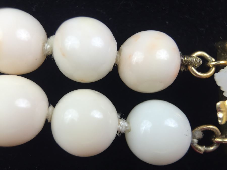 Exquisite Angel Skin Coral Bead Necklace With Intricately Carved Flower Mounted In 14k Gold With 14k Clasp Weighs 136g [Photo 8]