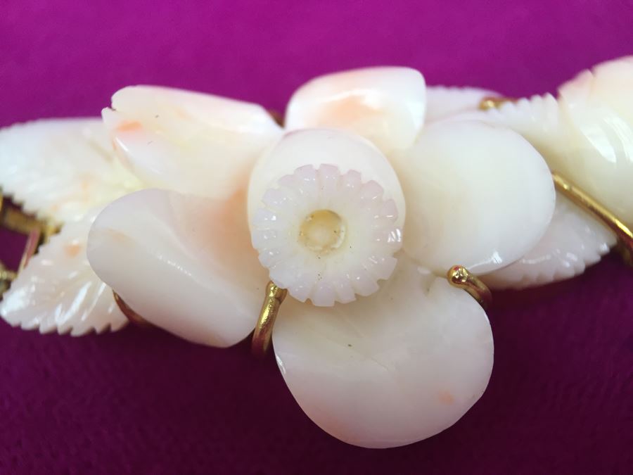Exquisite Angel Skin Coral Bead Necklace With Intricately Carved Flower Mounted In 14k Gold With 14k Clasp Weighs 136g [Photo 12]