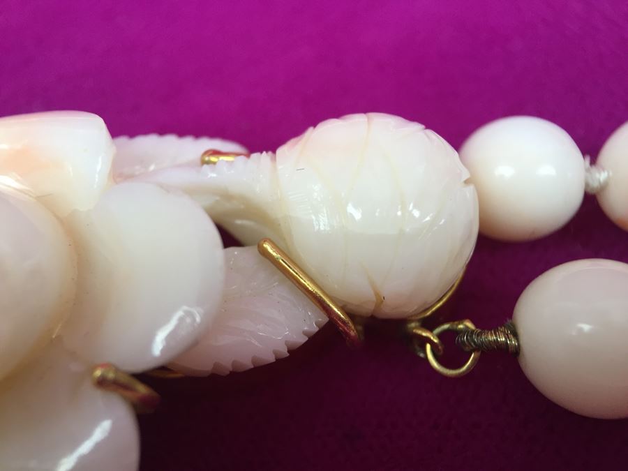 Exquisite Angel Skin Coral Bead Necklace With Intricately Carved Flower Mounted In 14k Gold With 14k Clasp Weighs 136g [Photo 14]