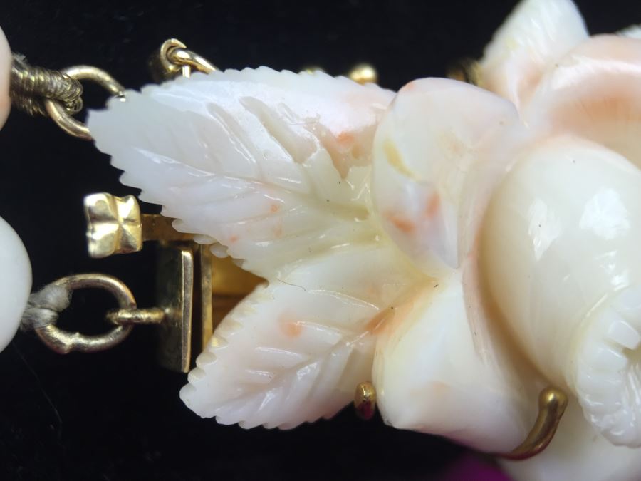 Exquisite Angel Skin Coral Bead Necklace With Intricately Carved Flower Mounted In 14k Gold With 14k Clasp Weighs 136g [Photo 5]