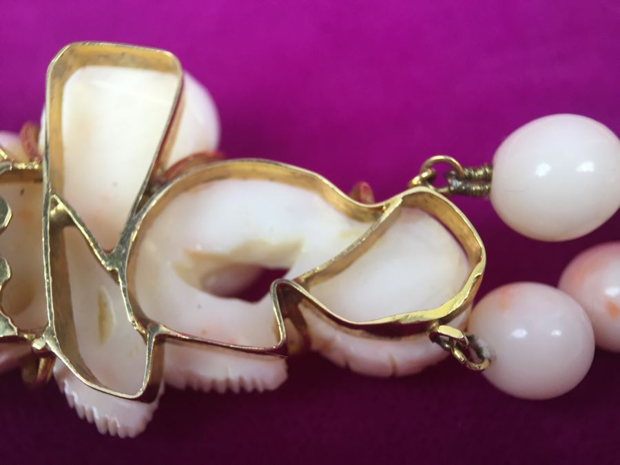 Exquisite Angel Skin Coral Bead Necklace With Intricately Carved Flower Mounted In 14k Gold With 14k Clasp Weighs 136g [Photo 16]
