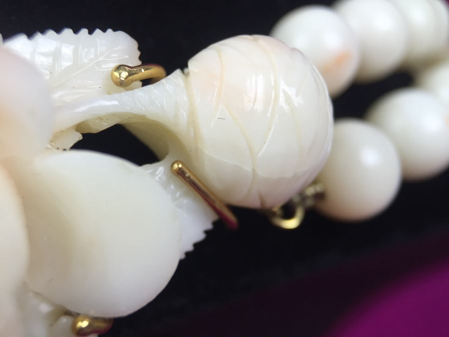 Exquisite Angel Skin Coral Bead Necklace With Intricately Carved Flower Mounted In 14k Gold With 14k Clasp Weighs 136g [Photo 7]