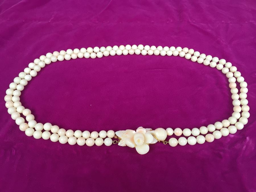 Exquisite Angel Skin Coral Bead Necklace With Intricately Carved Flower Mounted In 14k Gold With 14k Clasp Weighs 136g [Photo 11]