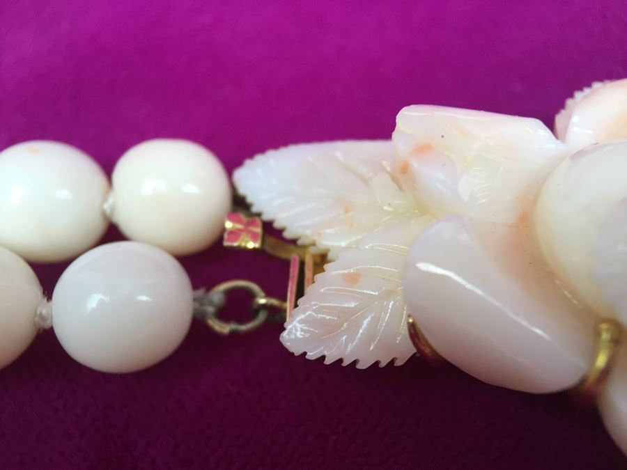 Exquisite Angel Skin Coral Bead Necklace With Intricately Carved Flower Mounted In 14k Gold With 14k Clasp Weighs 136g [Photo 13]