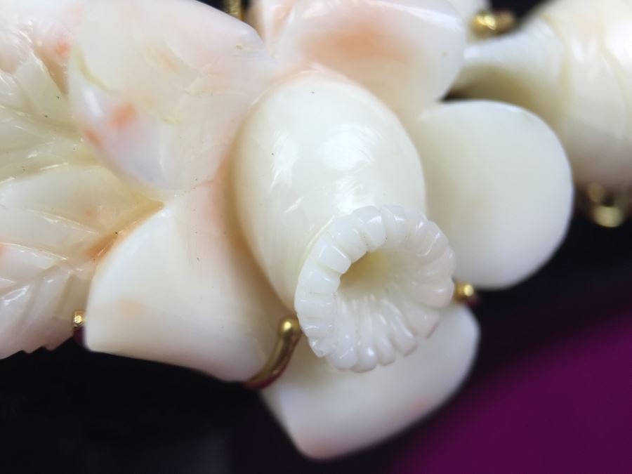 Exquisite Angel Skin Coral Bead Necklace With Intricately Carved Flower Mounted In 14k Gold With 14k Clasp Weighs 136g [Photo 6]