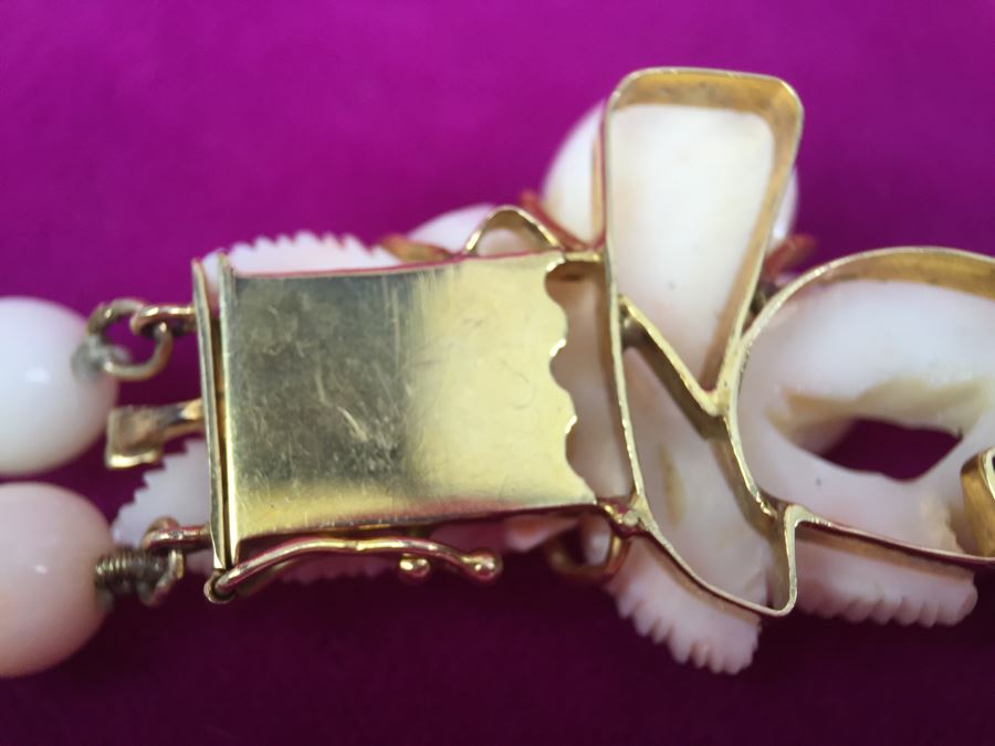 Exquisite Angel Skin Coral Bead Necklace With Intricately Carved Flower Mounted In 14k Gold With 14k Clasp Weighs 136g [Photo 15]