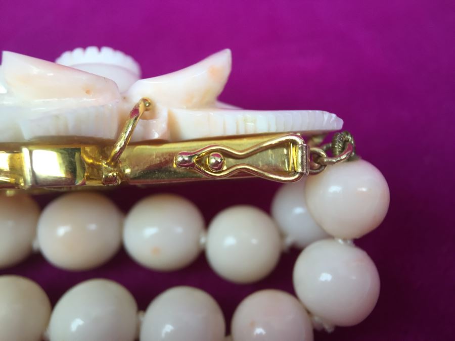 Exquisite Angel Skin Coral Bead Necklace With Intricately Carved Flower Mounted In 14k Gold With 14k Clasp Weighs 136g [Photo 17]