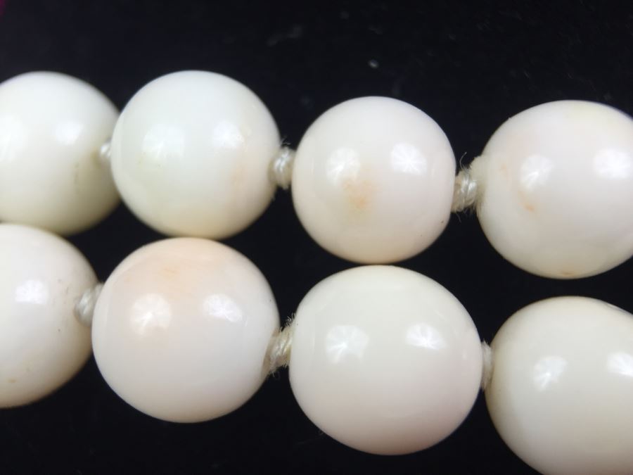 Exquisite Angel Skin Coral Bead Necklace With Intricately Carved Flower Mounted In 14k Gold With 14k Clasp Weighs 136g [Photo 9]