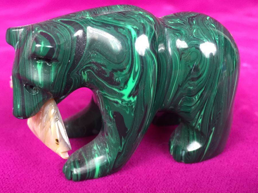 Hand Carved Malachite Bear With Carved Fish Signed 'B' [Photo 2]