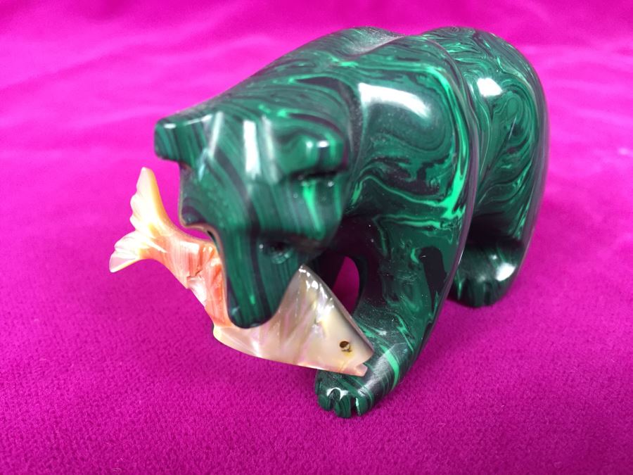 Hand Carved Malachite Bear With Carved Fish Signed 'B'