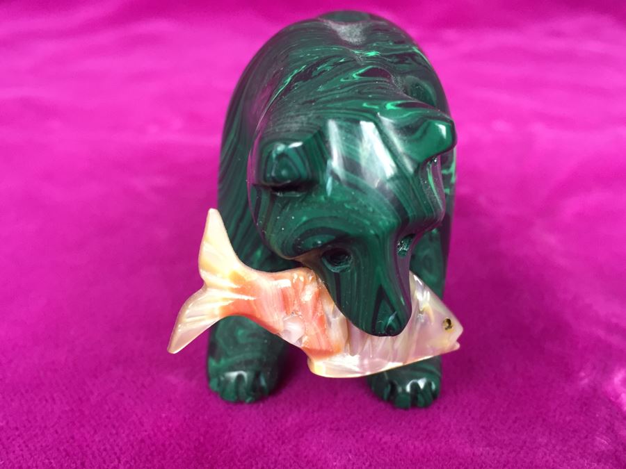 Hand Carved Malachite Bear With Carved Fish Signed 'B' [Photo 11]