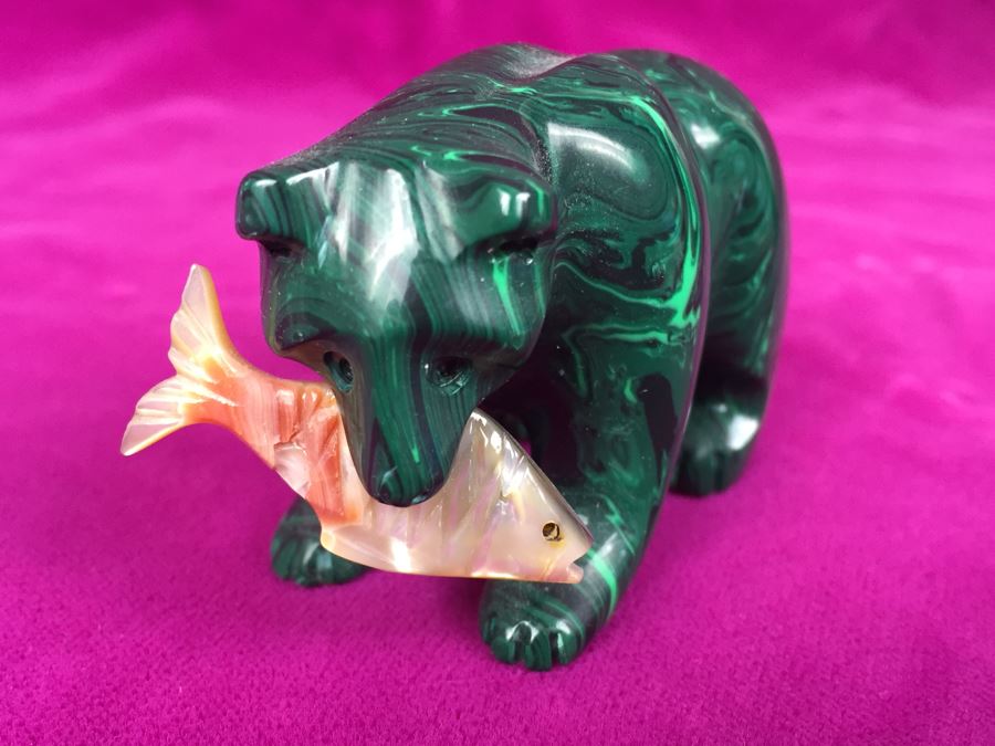 Hand Carved Malachite Bear With Carved Fish Signed 'B' [Photo 6]