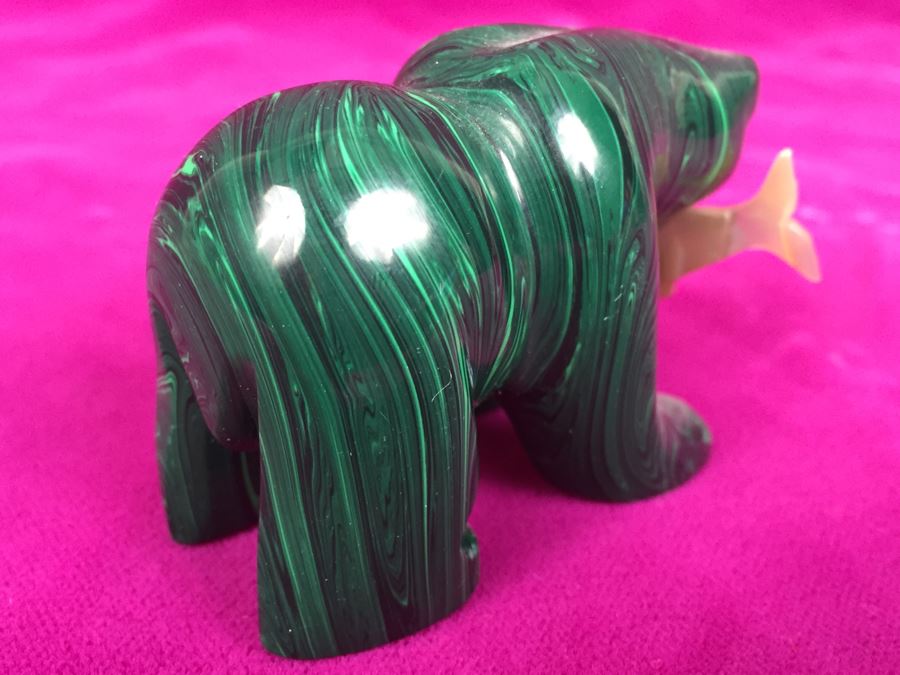 Hand Carved Malachite Bear With Carved Fish Signed 'B' [Photo 8]
