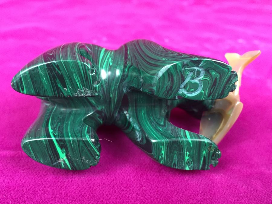 Hand Carved Malachite Bear With Carved Fish Signed 'B' [Photo 3]