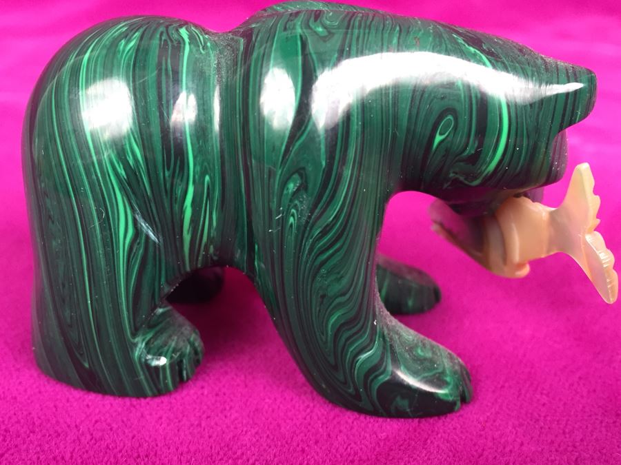 Hand Carved Malachite Bear With Carved Fish Signed 'B' [Photo 9]