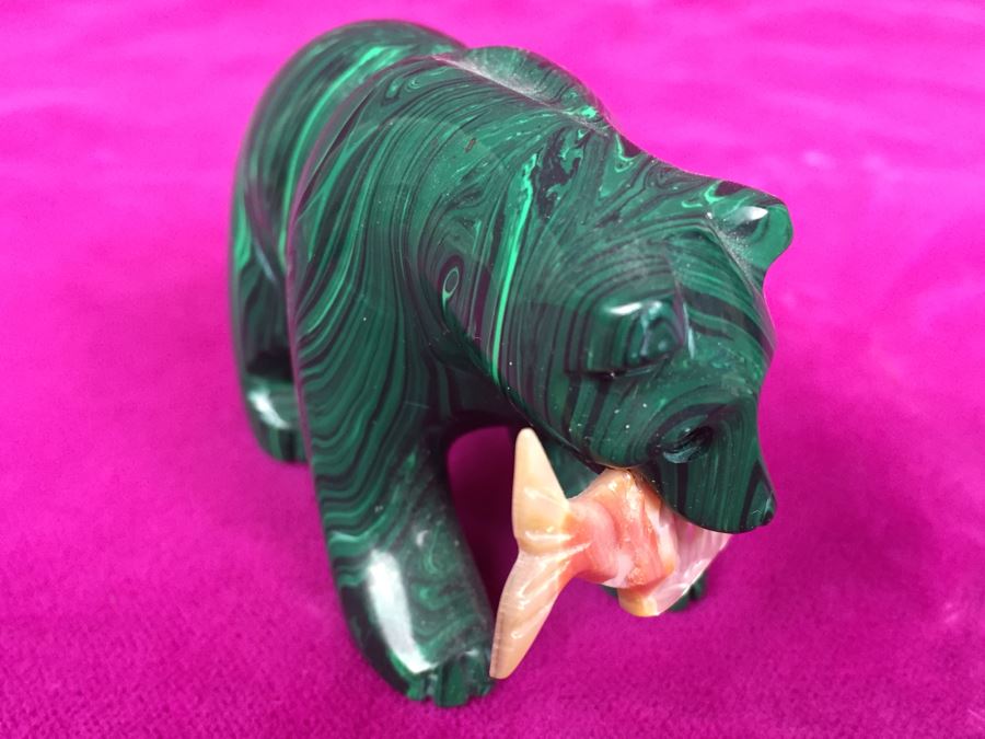 Hand Carved Malachite Bear With Carved Fish Signed 'B' [Photo 10]
