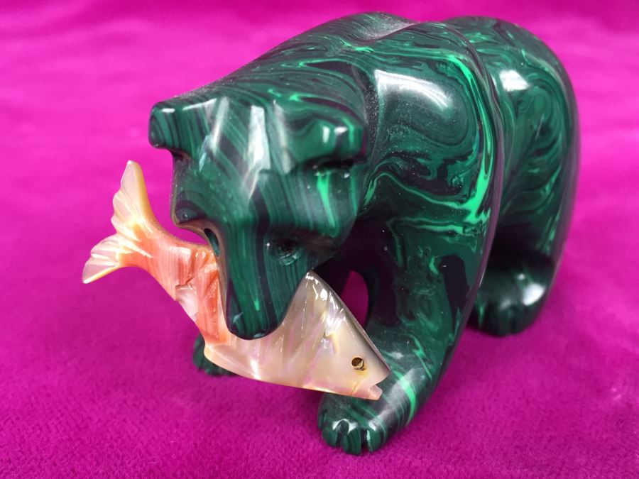 Hand Carved Malachite Bear With Carved Fish Signed 'B' [Photo 12]