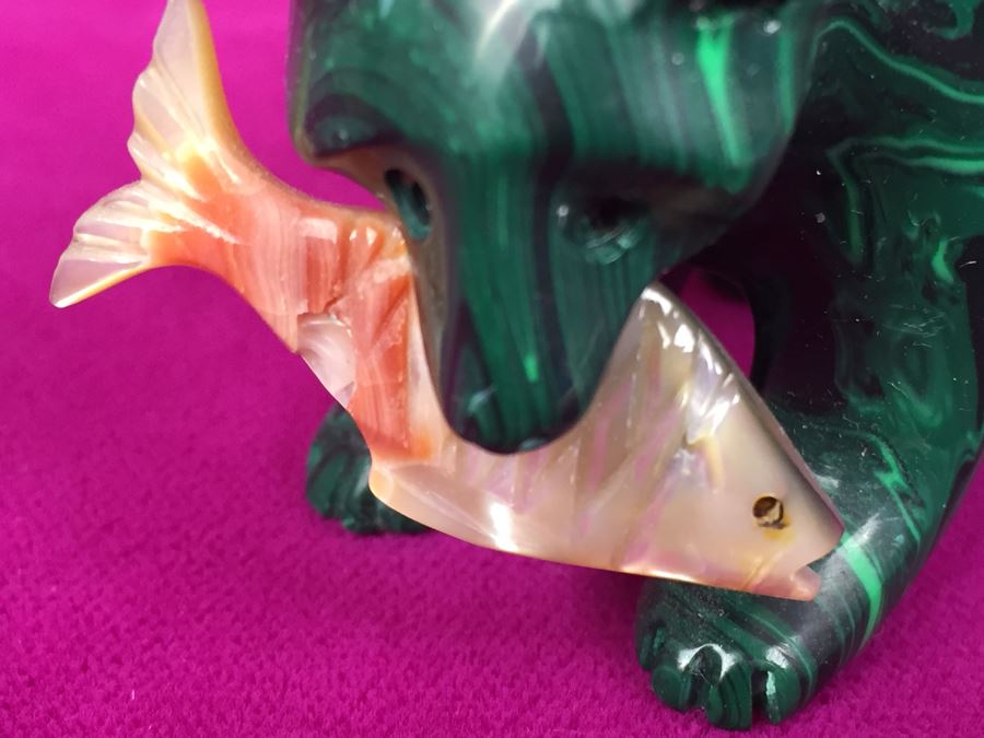 Hand Carved Malachite Bear With Carved Fish Signed 'B' [Photo 5]