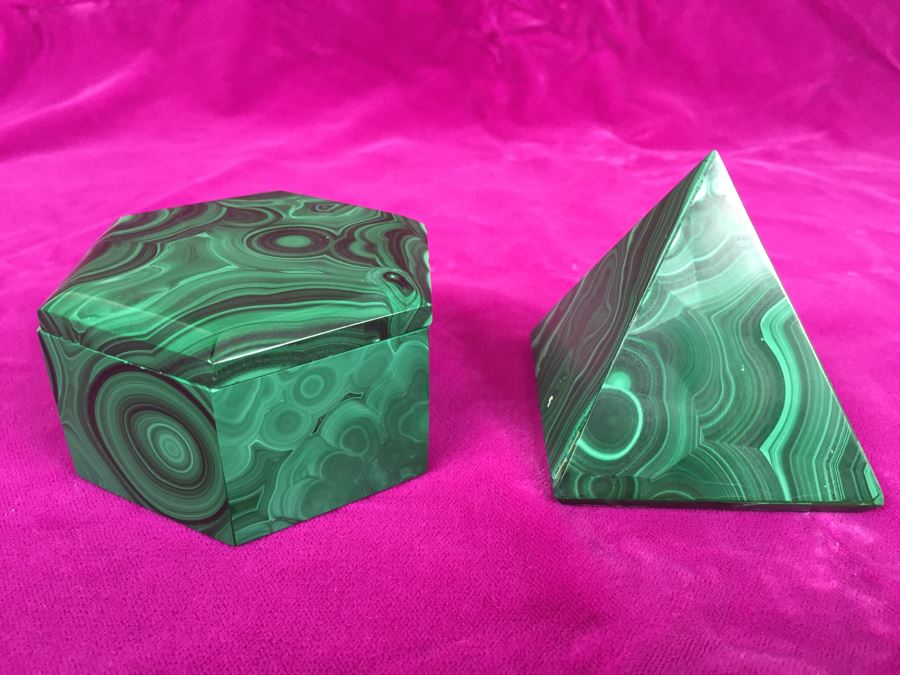 Pair Of Hand Carved Malachite Sculptures Made In Zaire Pyramid And Hexagon