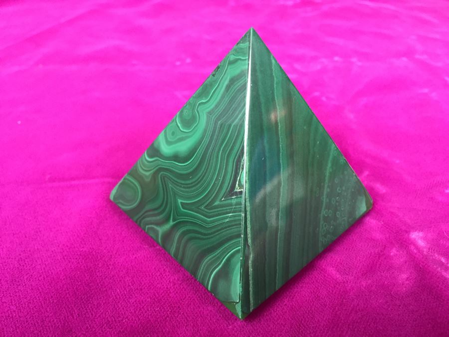 Pair Of Hand Carved Malachite Sculptures Made In Zaire Pyramid And Hexagon [Photo 2]