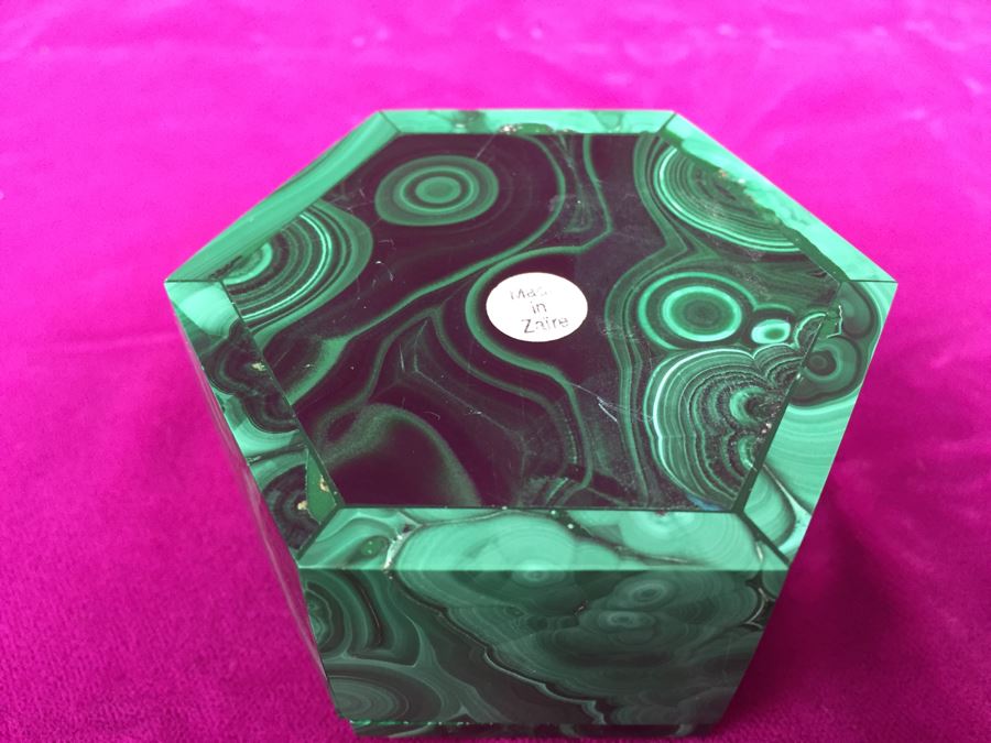 Pair Of Hand Carved Malachite Sculptures Made In Zaire Pyramid And Hexagon [Photo 9]