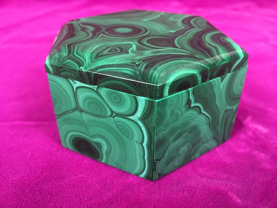 Pair Of Hand Carved Malachite Sculptures Made In Zaire Pyramid And Hexagon [Photo 3]